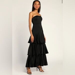 Blissfully Beautiful Black Satin Strapless Tiered Maxi Dress